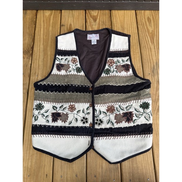 new directions Jackets & Blazers - Vintage 90s New Directions Wool Blend 2X Brown Floral Button Up Vest Embroidered